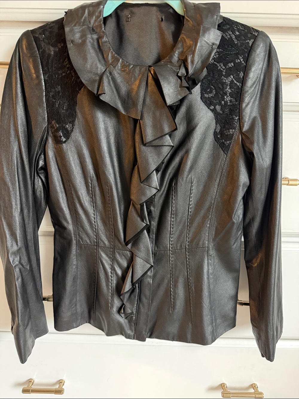 Catherine Malandrino Black Faux Leather Ruffle Jacket with Lace Shoulders